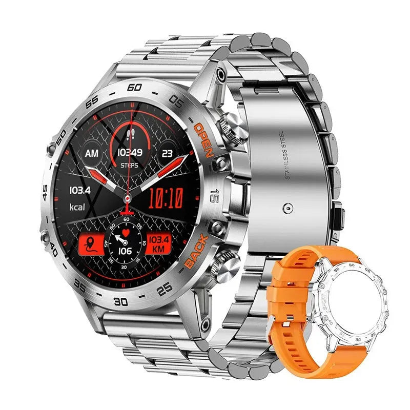 Bluetooth calling smart watch with IPS touch screen on wrist, showing health metrics display