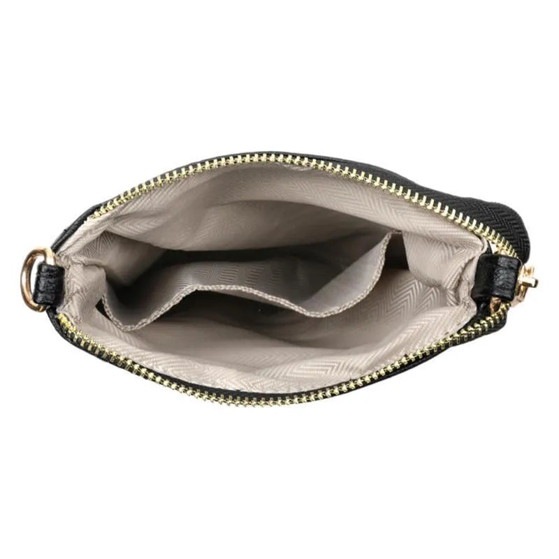 Square black rose pattern PU shoulder messenger bag with file organiser interior and shoulder strap.