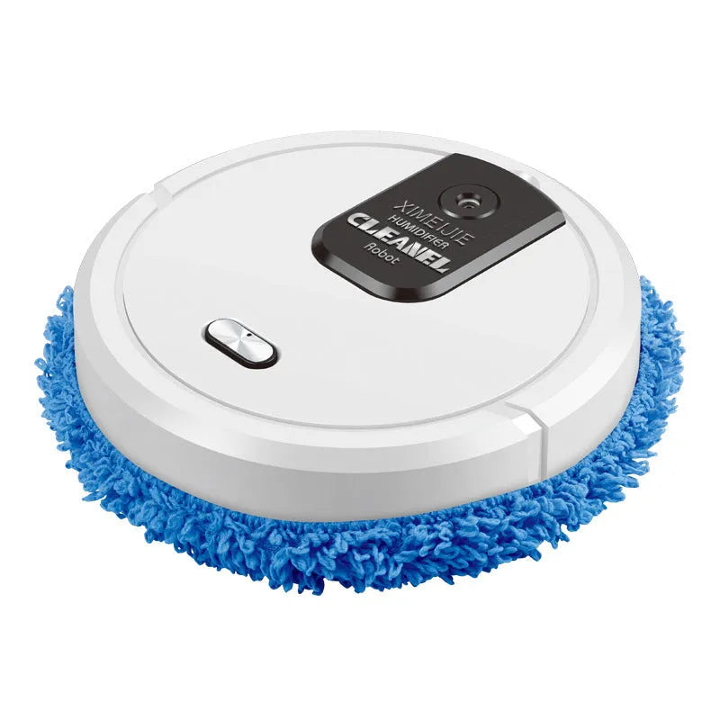 Automatic sweeping robot with wet and dry mopping cloths on a tile floor, showing slim 65mm body