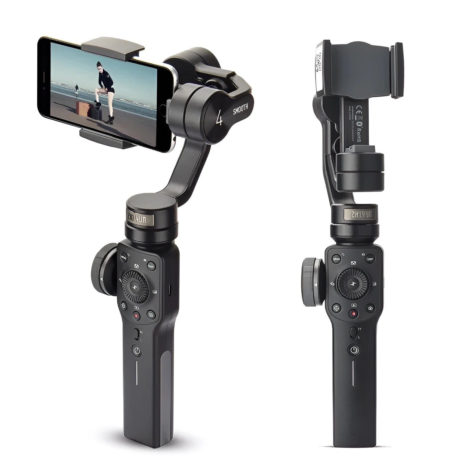 Black handheld smartphone video stabilizer gimbal for mobile phone filming