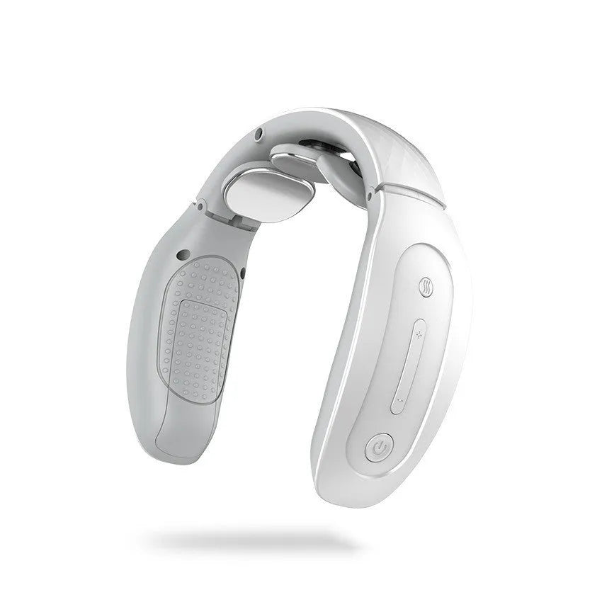 Small red and white intelligent cervical massager unit with three contact points and battery power.