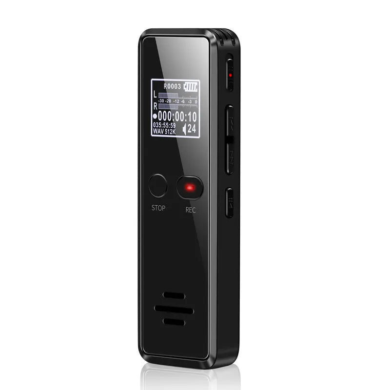 Black zinc alloy USB voice recorder and MP3 player showing LCD screen and USB connector.