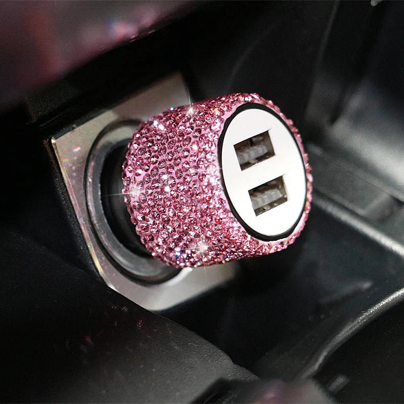 Car charger with diamond pattern design in red, white, black, pink, and AB colour options for cigarette lighter sockets.