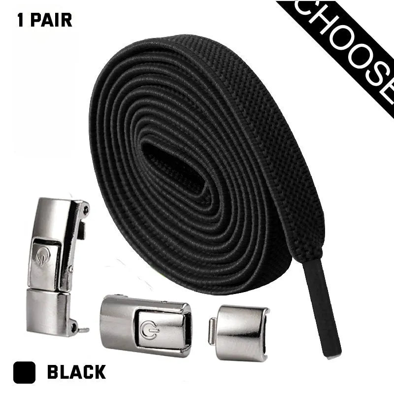 Pair of black 8mm wide flat press lock elastic shoelaces for no-tie fastening on sneakers