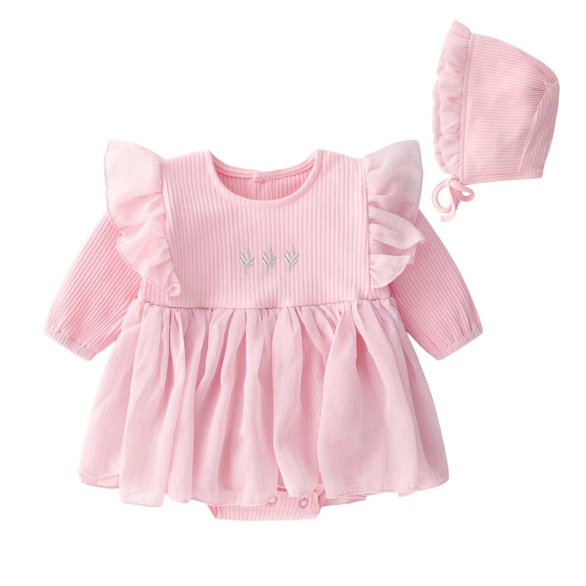 Baby girl in a soft pink cotton princess dress with a fluffy skirt, suitable for a first birthday party.