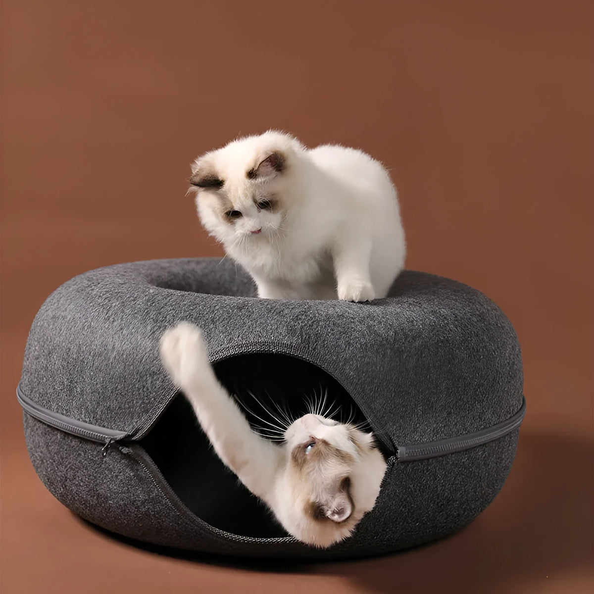 Grey felt cat nest tunnel with round bed and side tunnel entrance for cats