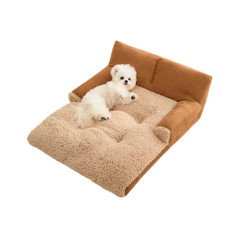 Grey and beige four-season dog kennel cushion mat shown in small, medium, and large sizes for pets.