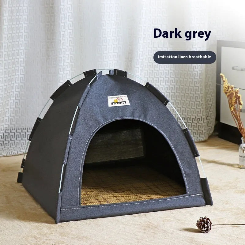 Grey tent-style dog bed with removable cover for small and medium breeds.