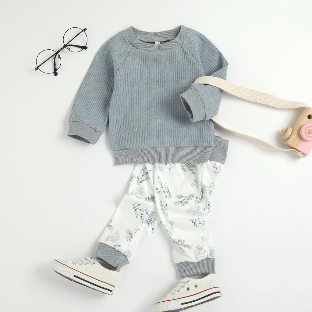 Children's autumn cotton long-sleeve two-piece suit with rainbow pattern in khaki and blue gray options