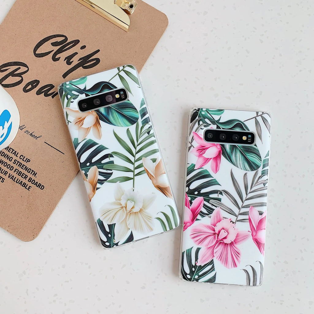 Samsung TPU phone case with green leaf flower pattern for S8 S9 S10 S20 A51 Note10 series