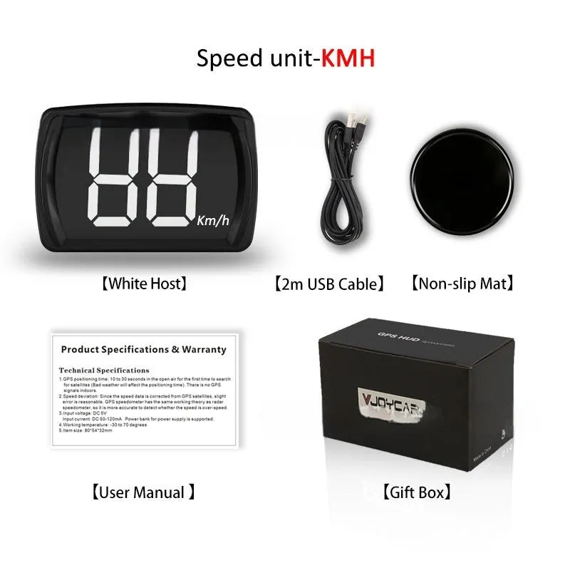 Universal HUD head-up display car speedometer with USB cable, non-slip mat, and ABS housing in white and green colour options