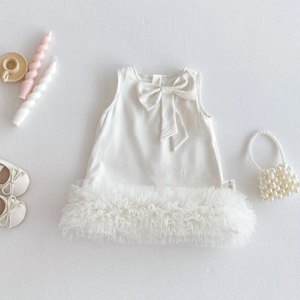 Children's Korean-style solid colour polyester dress with bow in cream rice shade for heights 73-120 cm