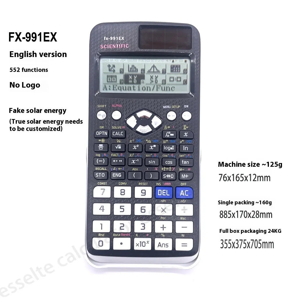 Multi functional 991EX scientific calculator for complex statistics, ABS body, 160g weight, black colour with button layout