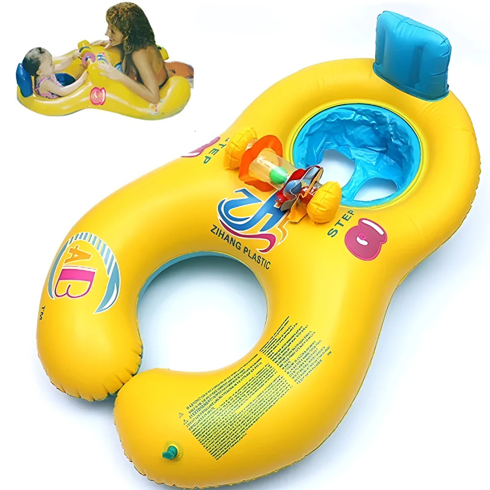Parent-child PVC inflatable swim ring in green with ant boat pattern for baby and adult pool use