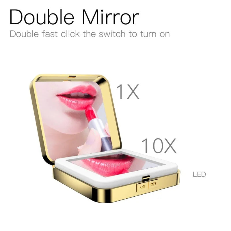LED makeup mirror with magnification showing adjustable lighting controls and dual mirror surfaces
