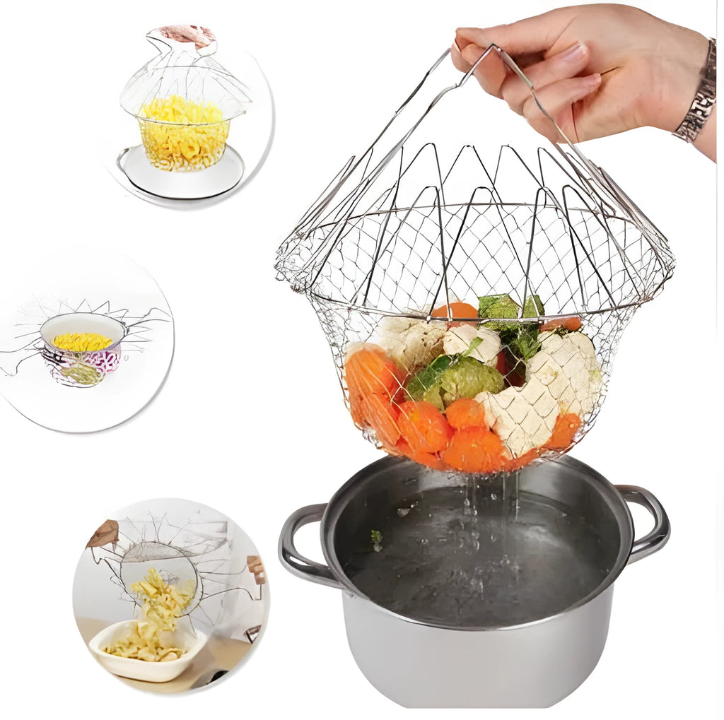 Stainless steel foldable deep fry basket with square grid design for kitchen use