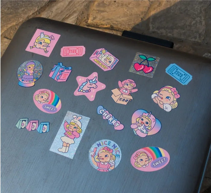 Cartoon sticker pack with 16 PVC stickers and storage box showing cute girl and heart designs