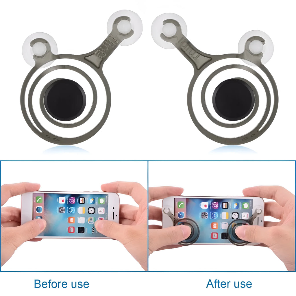 Pair of clear and black universal mini joysticks for mobile phone touch screen gaming with drawstring bag on white background