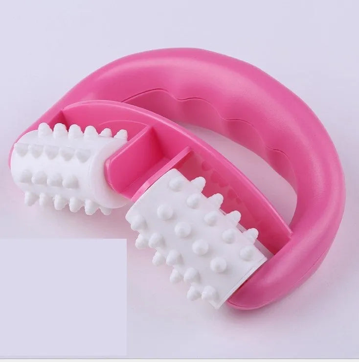 Handheld anti-cellulite massager roller with dot wheels in blue, green, and rose red colours on white background