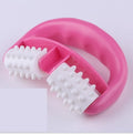 Handheld anti-cellulite massager roller with dot wheels in blue, green, and rose red colours on white background