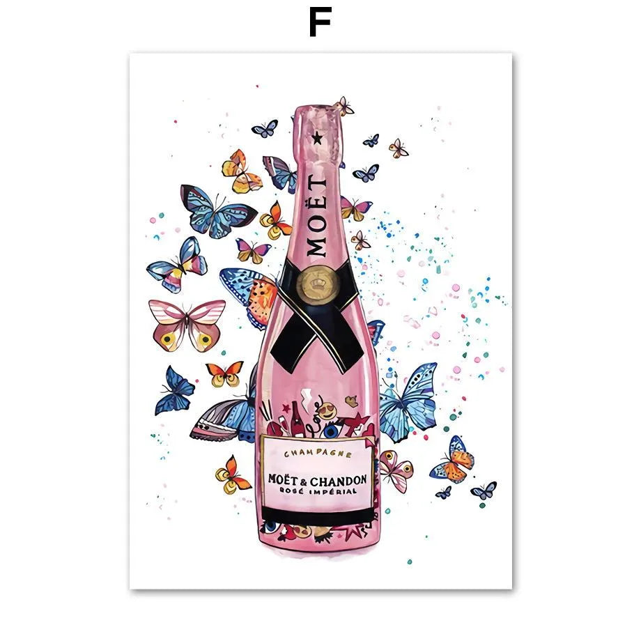 Modern cartoon canvas print wall art featuring a fashion bag girl with balloons and champagne.