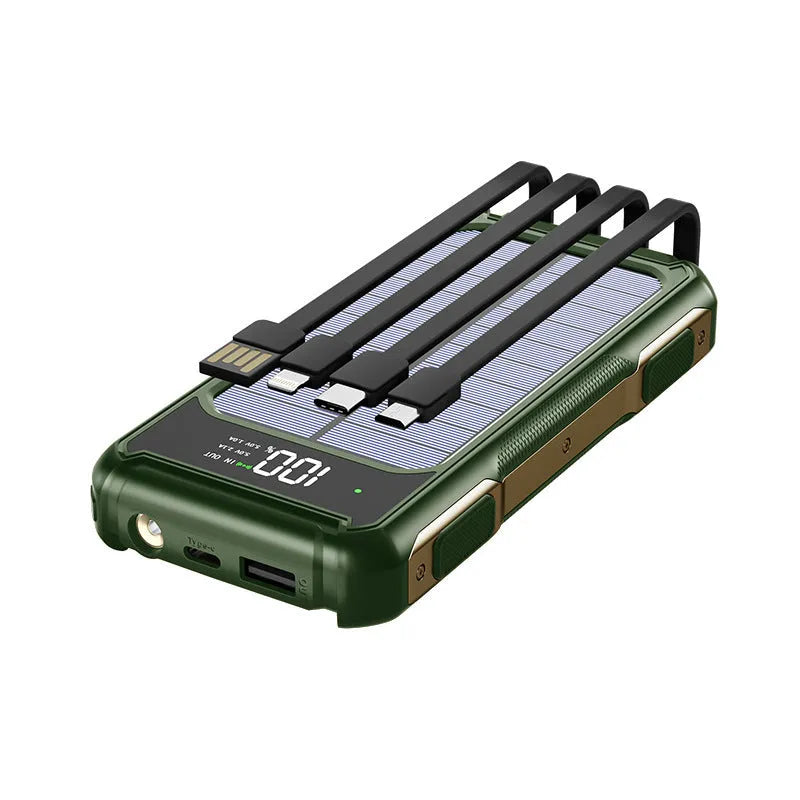 Black military grade mobile power bank showing size next to a smartphone, with green and orange colour variants.