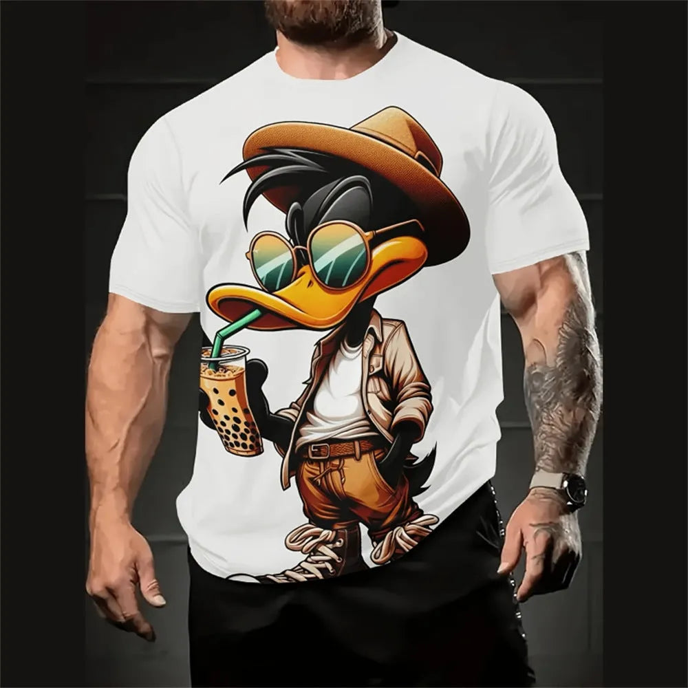 Man wearing a loose-fit short sleeve t-shirt with a colourful 3D printed cartoon design.