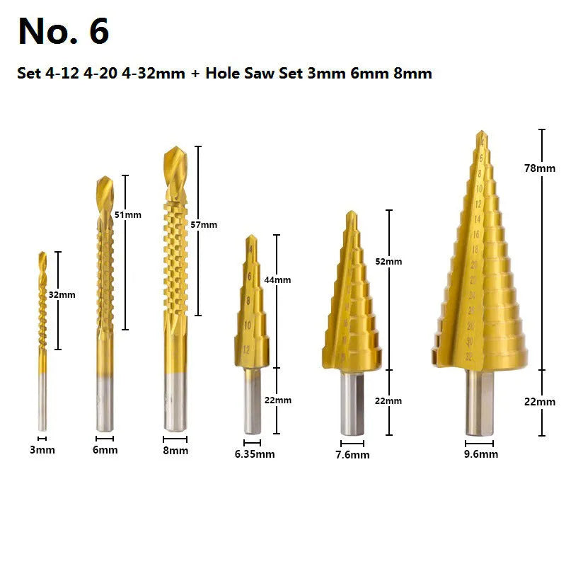 High speed steel cone drill bit and centre punch set with multiple step drill sizes for metalworking