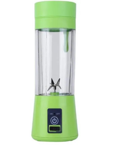 Pink mini USB electric fruit juicer with carrying rope on a kitchen countertop.
