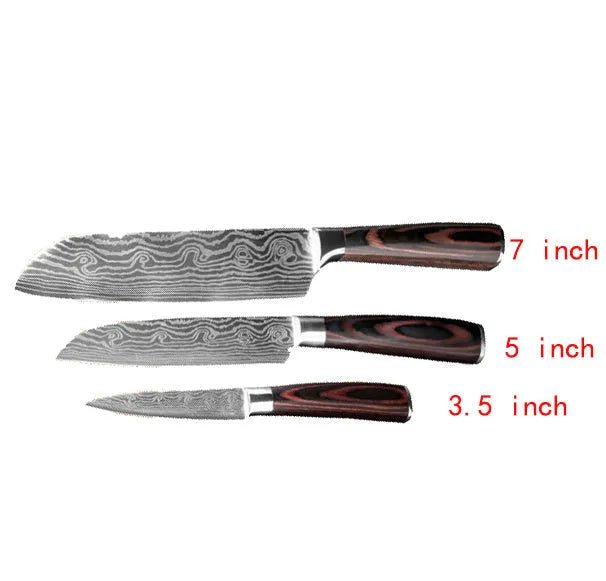 7Cr17 stainless steel kitchen knife with laser Damascus pattern blade and coloured wood handle