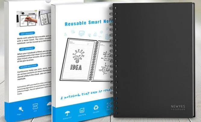 Black PP cover rewritable paper notebook with spiral binding, open to a page with handwriting, pen included