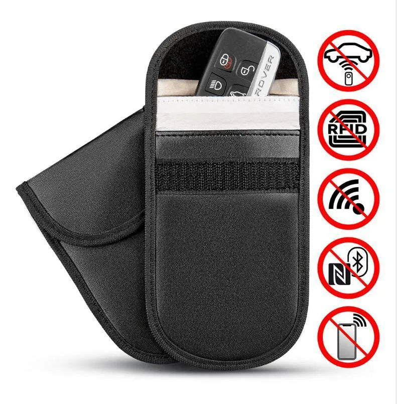Black microfibre car key signal blocker bag with Faraday cage, 13.5x9.5cm, for key fobs and smartphones