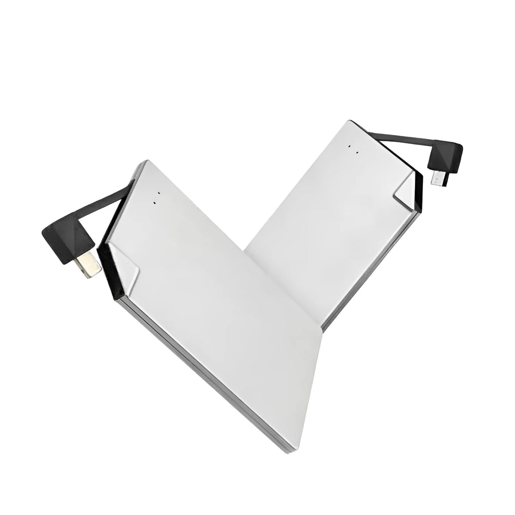 Sliver graphene battery power bank showing compact 140mm x 72mm x 4mm dimensions