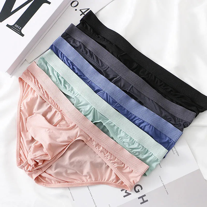 Men's low waist Ice Silk briefs in five colour options showing briefs style and fabric texture