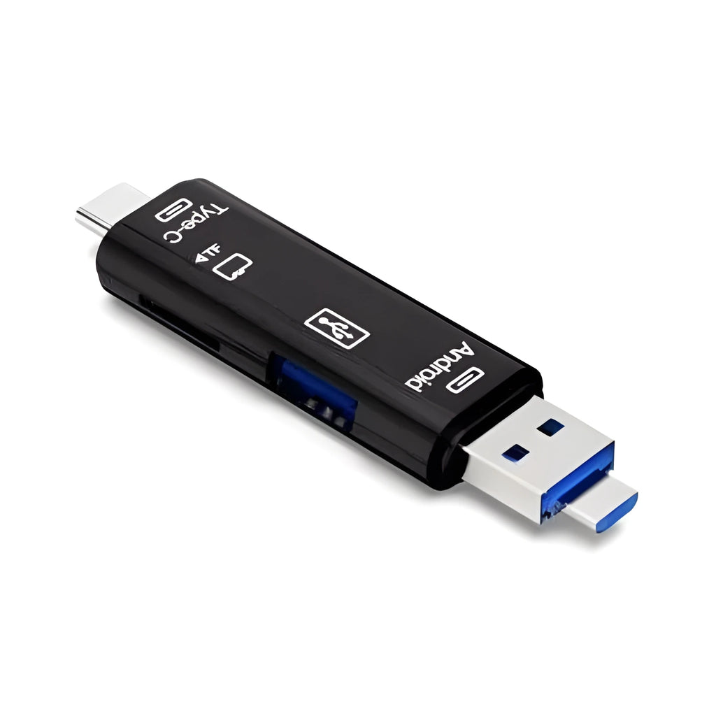Black USB C OTG hub adapter with TF card slot and USB ports on white background
