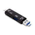 Black USB C OTG hub adapter with TF card slot and USB ports on white background