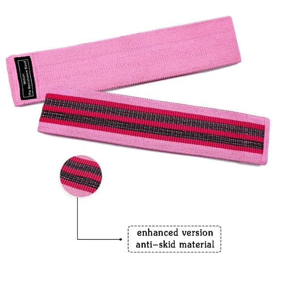 Set of three fabric resistance bands in lake blue, pink, and purple with a white storage net bag.