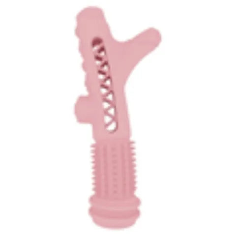 Blue TPR tree branch shaped dental chew toy for small dogs on a white background.