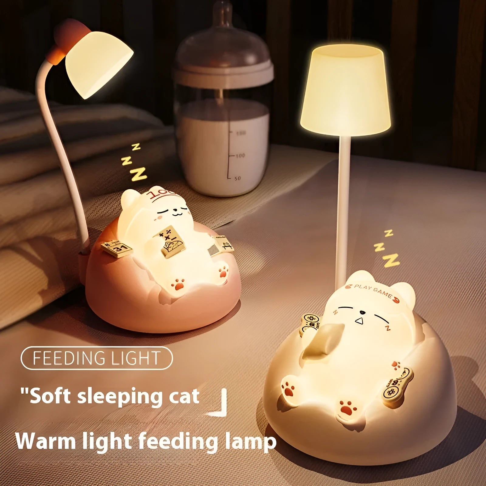 Sleeping cat shaped small night lamp in pink with USB charging cable on bedside table