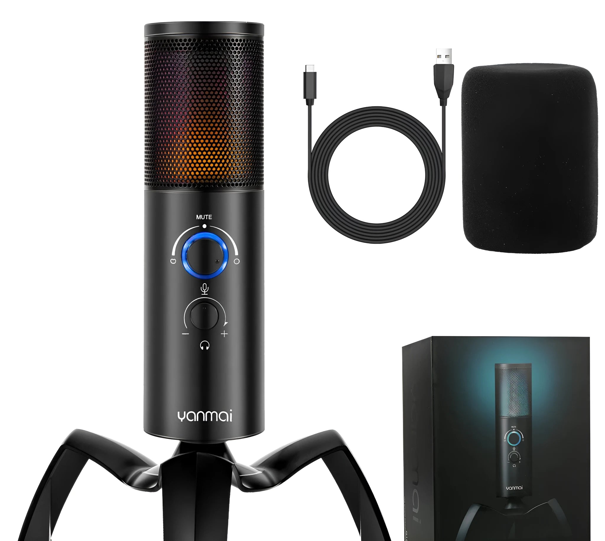 Black Q18 bidirectional condenser microphone with RGB lighting on adjustable tripod stand