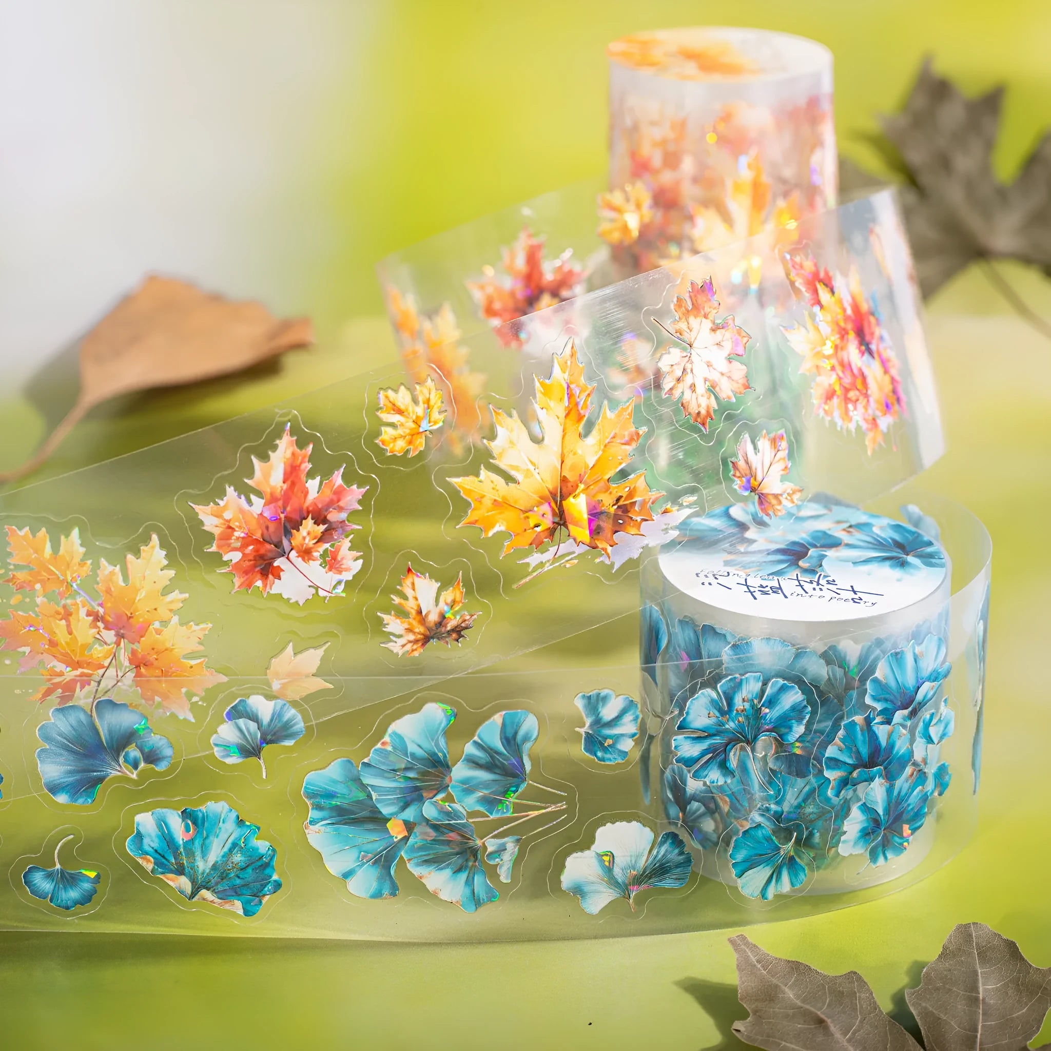 Deciduous Poetry Series PET decorative sticker roll showing autumn leaf patterns in six colours, 40mm wide.