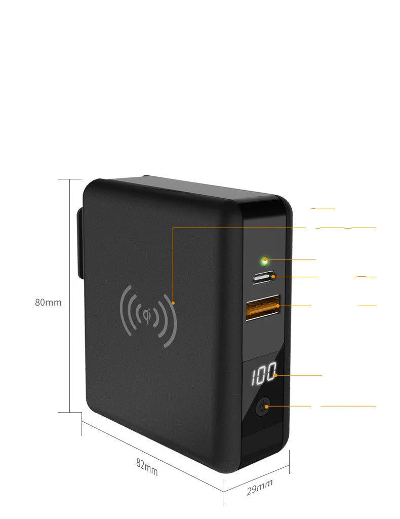 Super QI PD20W fast power bank in black with international travel plug attachments