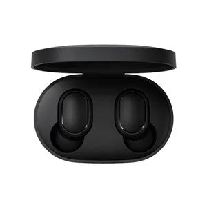 Redmi AirDots 2 black true wireless earbuds next to their compact charging case on a white background.