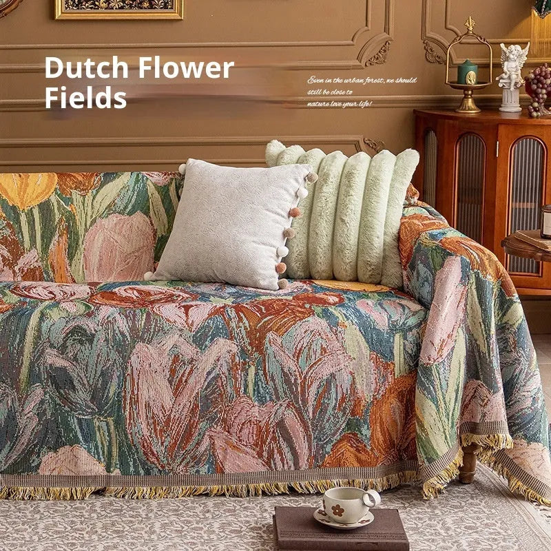 Oil painting cotton braided sofa slipcover with geometric pattern on a beige sofa, vintage colours, full coverage design
