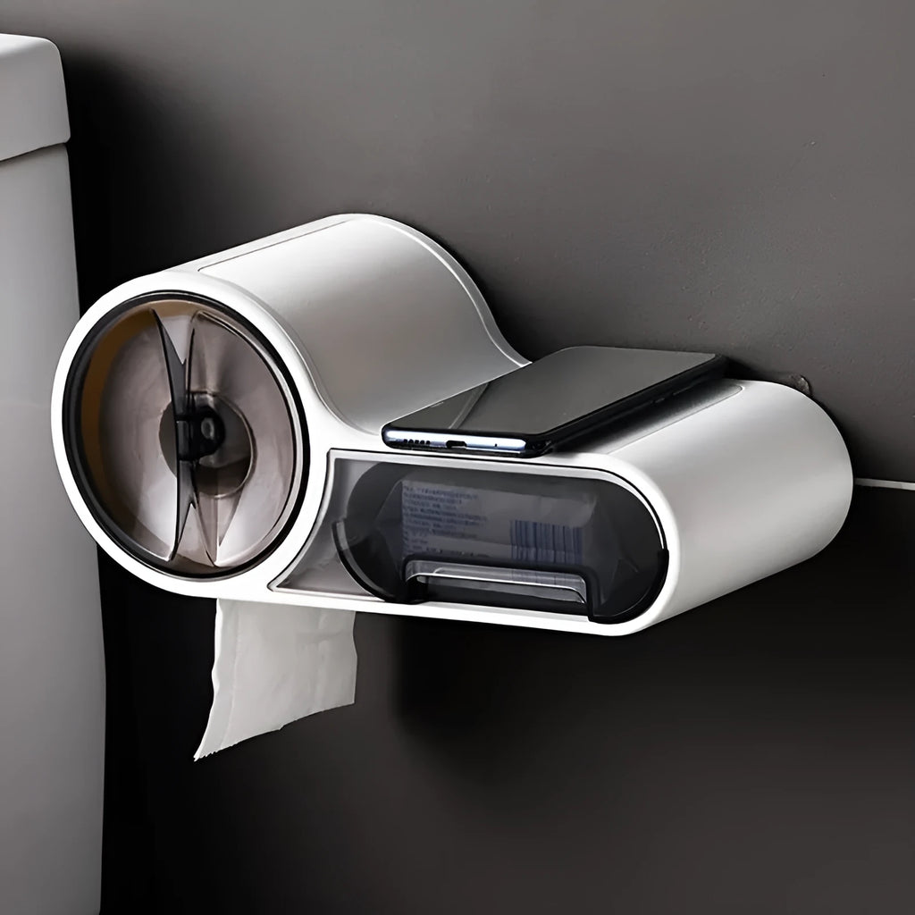 White plastic toilet roll holder with streamline curve design for no-drill bathroom installation
