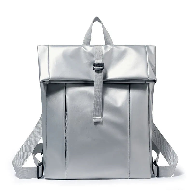Solid colour large capacity men's backpack with airpillow straps, available in black, blue, and silver, 30x11x42cm