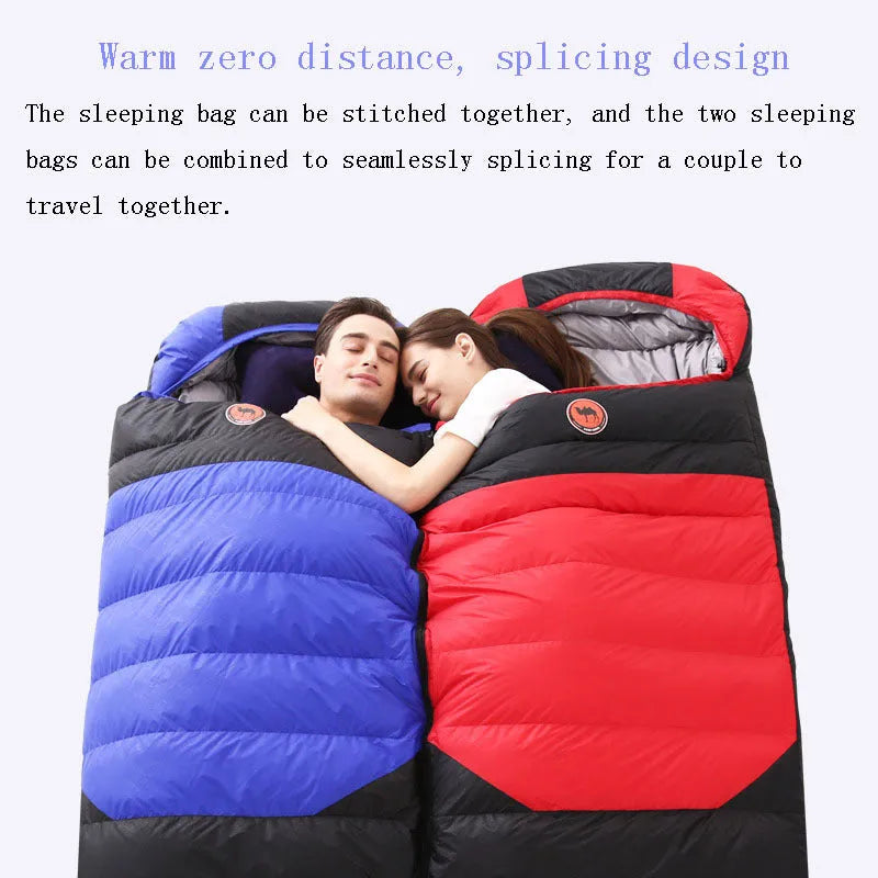 Down sleeping bag envelope style in blue with cotton lining and Chun Yafang fabric, 800g fill weight option