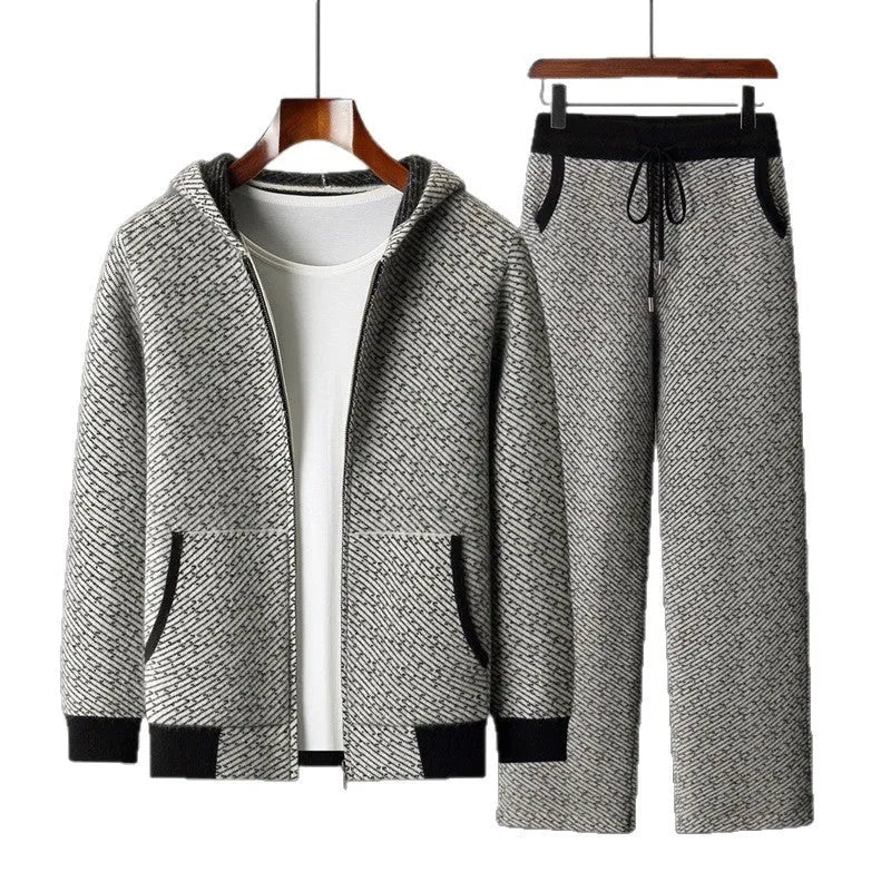 Men's hooded wool cardigan set with long sleeves and matching pants in black, blue, and camel