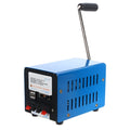 Blue metal USB emergency hand crank generator showing voltage selection panel and compact 125mm size