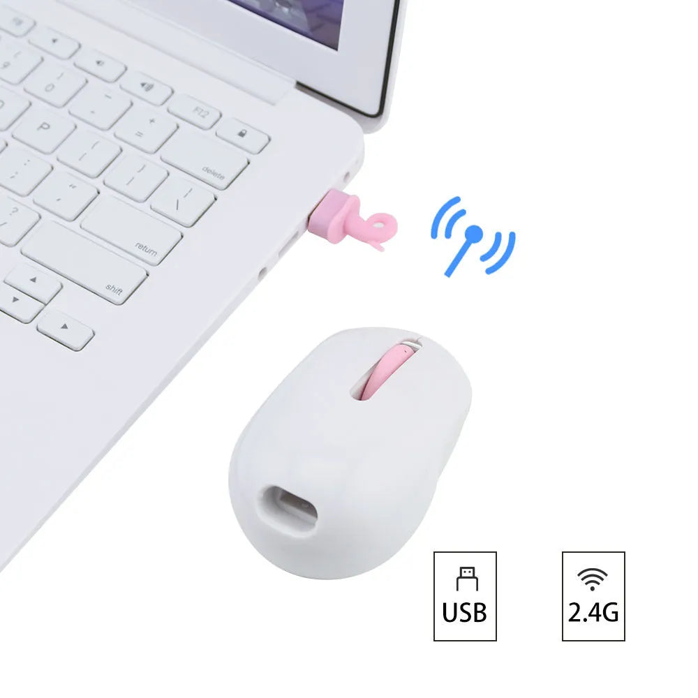 Pink wireless silent mouse with compact design and USB receiver for laptop use